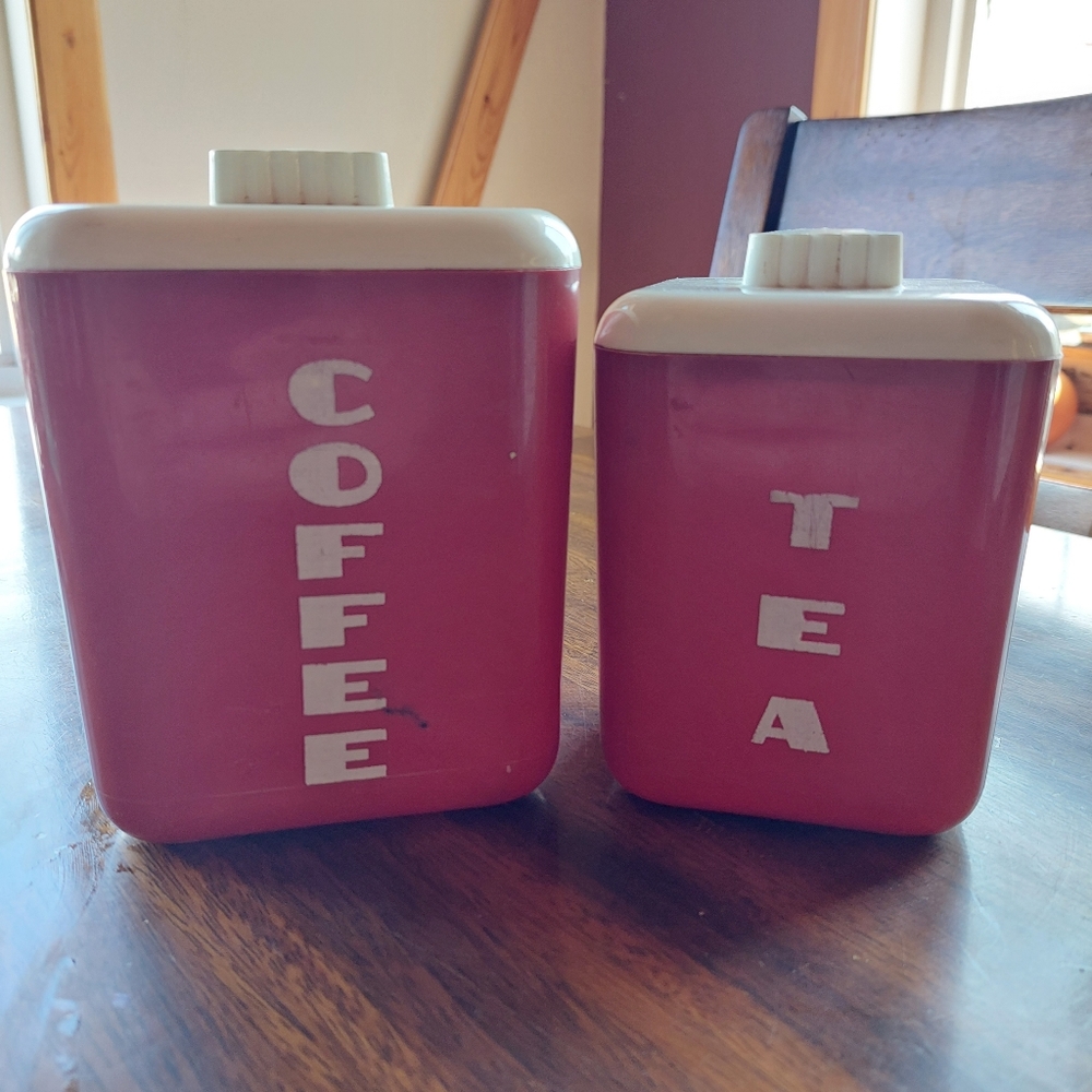 Vintage Red And White Coffee And Tea Canisters Retro Made In Canada 6" 5" crack